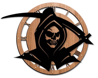 Wall clock gothic, laser cut file. Laser cut project plan. Wall clock laser cut file. Wall clock SVG, Ai, Cdr, Dxf and Pdf file. Skull