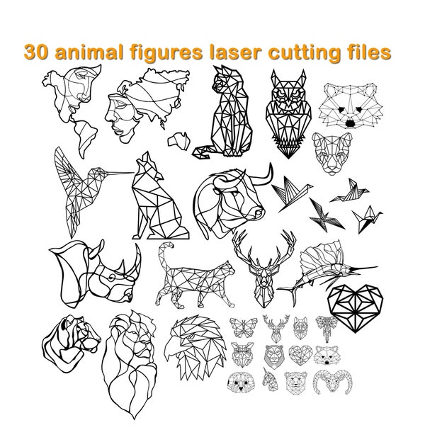 30 fichiers de découpe laser de figurines animales. Format Cdr - Pdf - Svg - Png - Dxf - Dwg. fichiers laser pour l’art mural en métal et en bois. animaux géométriques