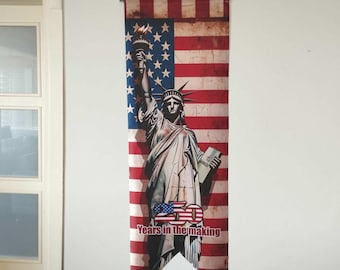 250th Anniversary American Flag and Statue of Liberty for wall and door, size 19,68" x 59.05", satin fabric, Vivid colors, suspension pipe.