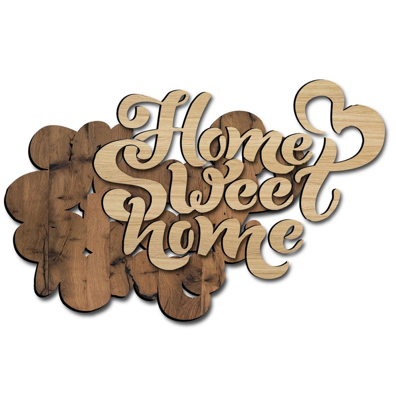 May include: Wooden sign with the text "Home Sweet Home" in a decorative font. The sign is made of multiple pieces of wood that are arranged in a cloud shape.