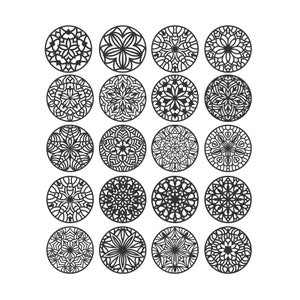 Mandala set of 20 laser cutting files. 20 mandalas and one layer. Cut file for laser cutting, cricut and Silhouette Studio. SVG, Pdf, Ai..