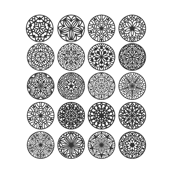 Mandala zestaw 20 plików do cięcia laserowego. 20 mandali i jedna warstwa. Wytnij plik do cięcia laserowego, Cricut i Silhouette Studio. SVG, PDF, AI..