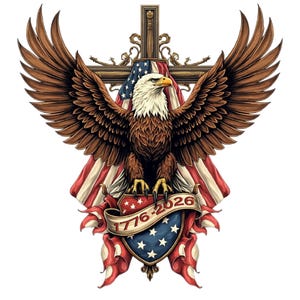 Majestic bald eagle with US flag and cross, symbolizing faith, freedom, and 250 years of American independence 1776–2026. SVG and PNG tshirt