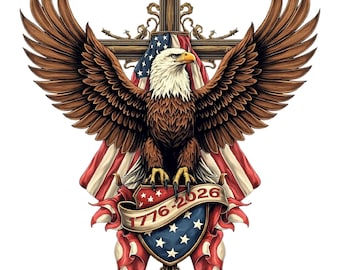 Majestic bald eagle with US flag and cross, symbolizing faith, freedom, and 250 years of American independence 1776–2026. SVG and PNG tshirt