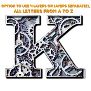 Conjunto de letras del alfabeto de engranajes, archivo cortado con láser. Letras de engranajes con opciones de capas. Letras cortadas con láser en 3D. Letras de engranajes. Letras de ruedas dentadas. Archivo cortado con láser