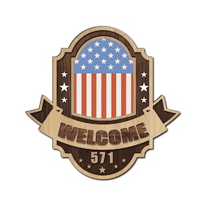 Welcome door sign with america flag SVG file. Laser cut files for American flag house number. patriotic sign for door or wall. Pdf,Ai files