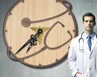Stetoscopio, file laser per orologio da parete medico. Orologio da parete del medico. orologio da parete nella sala esami. Arte medica da parete. Regalo medico. Segno del caduceo.
