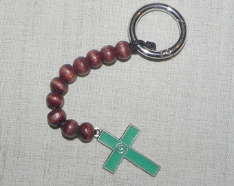 Paternoster medieval rosary, tasbih, wood paternoster with cross. wooden beads, metal cross and metal ring for finger.ideal size for pocket.