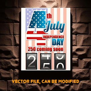 Puede incluir: Un diseño patriótico para el Día de la Independencia. La imagen presenta la bandera estadounidense, las palabras "4th July Independence Day" y el número "250" con las palabras "coming soon". Las palabras "vector file, can be modified" están en la parte inferior.