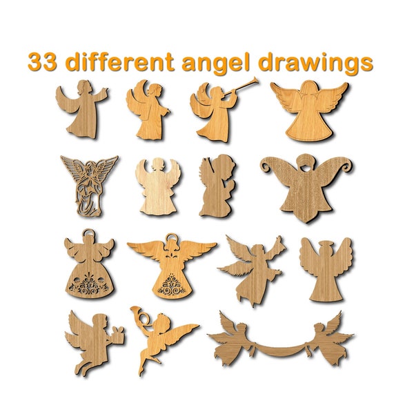 Angelo in formato SVG, 33 diversi disegni di angeli, file tagliato al laser SVG, Cdr, DXF, Ai e PDF. Angelo Svg. File tagliato al laser con angelo. Ornamento natalizio al laser