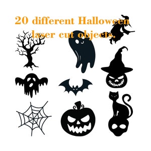 May include: 20 different Halloween laser cut objects. The objects include a ghost, a bat, a spider web, a pumpkin, a witch, a cat, a tree, and a hat.