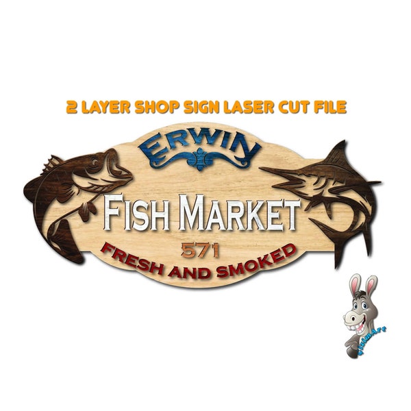 Fish market sign laser cut file. Replaceable shop sign laser cut file. The shop name may change.DIY shop sign laser cut file. 2 layer laser