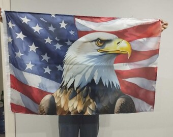 250th anniversary American flag and eagle. Raschel fabric, size 27.55" x 41.33". 250th anniversary flag wall art.