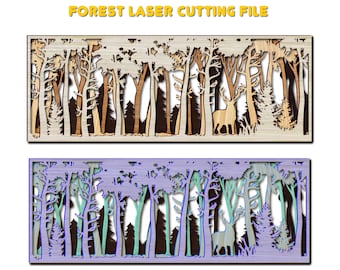 Forest laser cut wall art. 4 layer laser cut forest scenery. Laser cutting files. Trees and deer landscape laser cutting file. Forest SVG