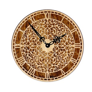 Wood carved laser cut wall clock. Wooden wall clock. Cdr, Ai, Svg, Pdf and dxf format. wooden wall art. wall clock laser cut file. Clock SVG