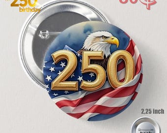 Watercolor 250th anniversary commemorative badge with American flag and American eagle.250th anniversary badge.  badge with American flag.