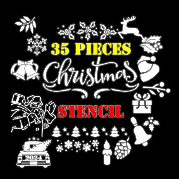 Merry christmas stencil - new year themed 35 stencil elements. individually filed new year template. window decoration stencil. ornament.