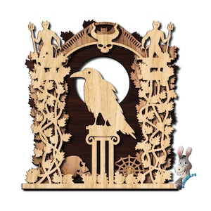 Arte mural de temática gótica para corte por láser. Tapiz gótico. Cartelera gótica con temas de cuervo, calavera, diablo, murciélago y cementerio. archivo láser