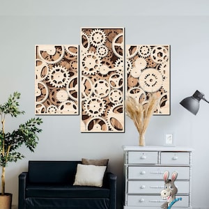Mechanical 3D wallboard laser cutting file. 3 layer wallboard with steampunk gear wheels. steampunk wall art. mechanical gear laser file.
