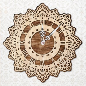 May include: A wooden clock with a decorative, intricate, laser-cut design. The clock face has Roman numerals and a brown wood background.
