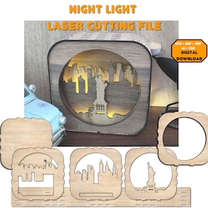 Archivo de corte láser de luz nocturna de Nueva York. Luz nocturna de Nueva York. Caja de luz de Nueva York. Archivo de lámpara de Nueva York. Archivo láser de Nueva York svg dxf cdr pdf