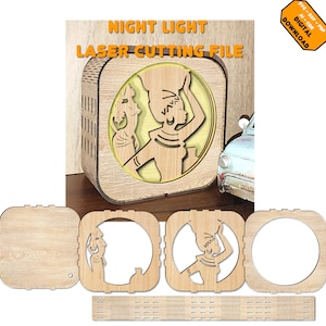 Op de afbeelding: Lasergesneden bestand voor een nachtlamp met een vrouw die een pot op haar hoofd draagt. Het ontwerp is rond en wordt omgeven door een vierkant frame. Het bestand bevat het ontwerp voor de voor-, achter- en zijkanten van de nachtlamp, evenals een apart stuk voor de basis.