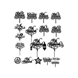 May include: A set of 14 black and white printable cake toppers featuring various designs for Ramadan and Eid celebrations. The designs include the words "Eid Mubarak", "Ramadan Mubarak", and Arabic calligraphy.