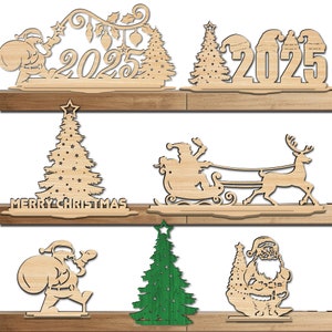 7 Stück 2025 Neujahrsdekorationen Laserschnittdatei für das Regal. Weihnachtsschmuck mit Fuß im Regal. Weihnachten, Nikolaus Ornament.