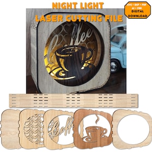 Archivo de corte láser de luz nocturna de esquina de café. Caja de luz de café y corazón. Archivos de luz nocturna cortados con láser de madera. Luz nocturna cortada con láser. SVG, dxf