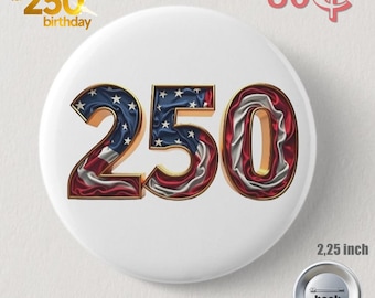 250th anniversary badge. Gold outline 250 written with the American flag. 250th anniversary commemorative badge with American flag.
