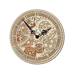 May include: A circular wooden clock with Roman numeral markings. The clock face features a design of intricate gears and cogs, creating a steampunk aesthetic.