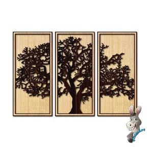 Könnte beinhalten: Ein Set aus drei Holz-Wandbildern mit einem Laser-Cut-Design eines Baumes mit filigranen Ästen. Die Paneele sind in hellem Holz gerahmt und haben einen natürlichen Holz-Hintergrund.