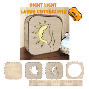 Op de afbeelding: Lasersnijbestand voor een houten nachtlamp met een zon en een vrouwengezicht. Het bestand bevat de formaten SVG, DXF, PDF, AI en CDR. Digitale download.