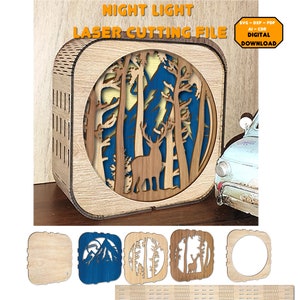Candeeiro nocturno com cervo e lima de corte a laser florestal. caixa de luz de veados. arquivos de luz noturna cortados a laser de madeira. luz noturna cortada a laser.svg ai dxf