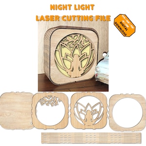 Donne di yoga sedute accanto all'albero. Lima tagliata al laser. File tagliato al laser con lampada yoga e loto. donna che fa file di taglio laser con luce notturna yoga.