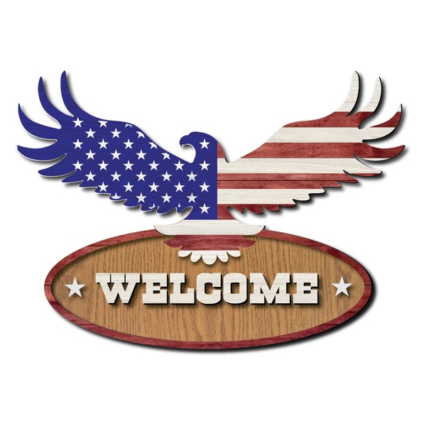 Usa flag welcome sign laser cut file. 3D american eagle and flag wall and door decoration. File format Svg, Cdr, Dxf, Ai and Pdf.