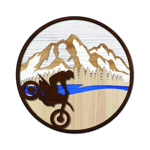 Montagne e colline di motocross, file tagliato al laser a 4 strati. Bici, montagna, collina, foresta e tramonto Formato file SVG, Dxf, Pdf, Cdr, Ai.Motocross