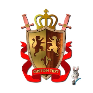 May include: A gold and brown shield with two lions facing each other. The shield is topped with a gold crown and two swords. A red ribbon with the text "CUSTOM TEXT" is wrapped around the shield.