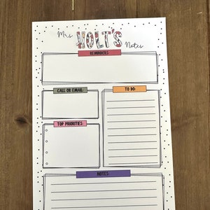 May include: A printable planner page with a polka dot background. The page is titled "Mrs. Holt's Notes" and has sections for reminders, to do, top priorities, and notes.