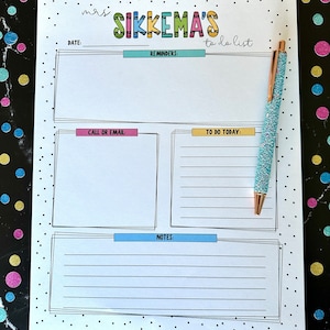 May include: A white to-do list printable with black and blue lines and a blue and green title that says "Mrs. Sikkema's to do list".