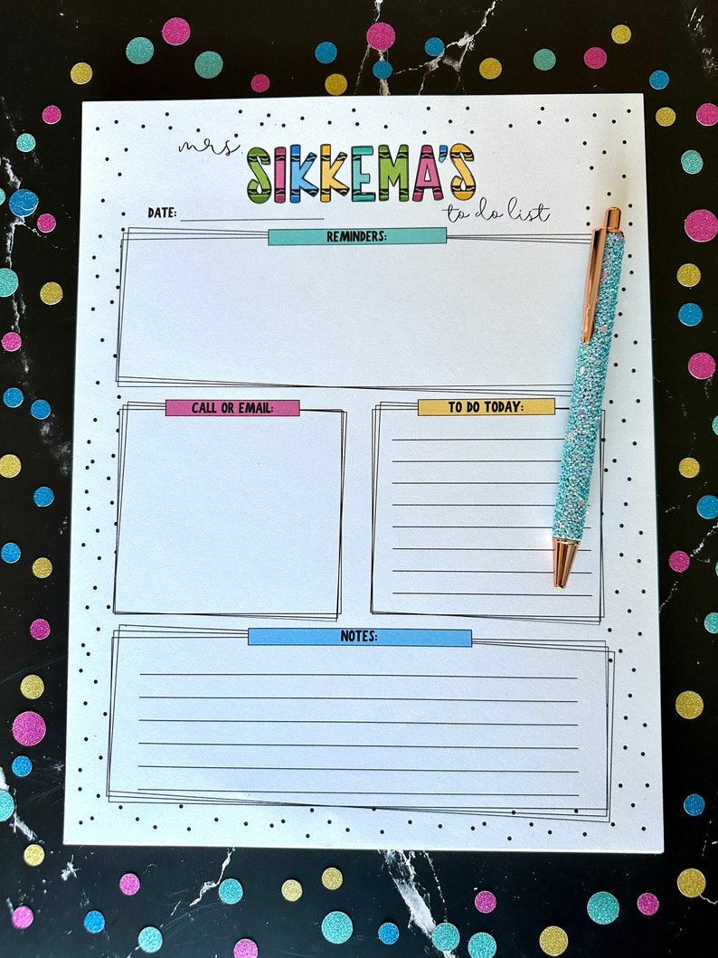 May include: A white to-do list printable with black and blue lines and a blue and green title that says "Mrs. Sikkema's to do list".