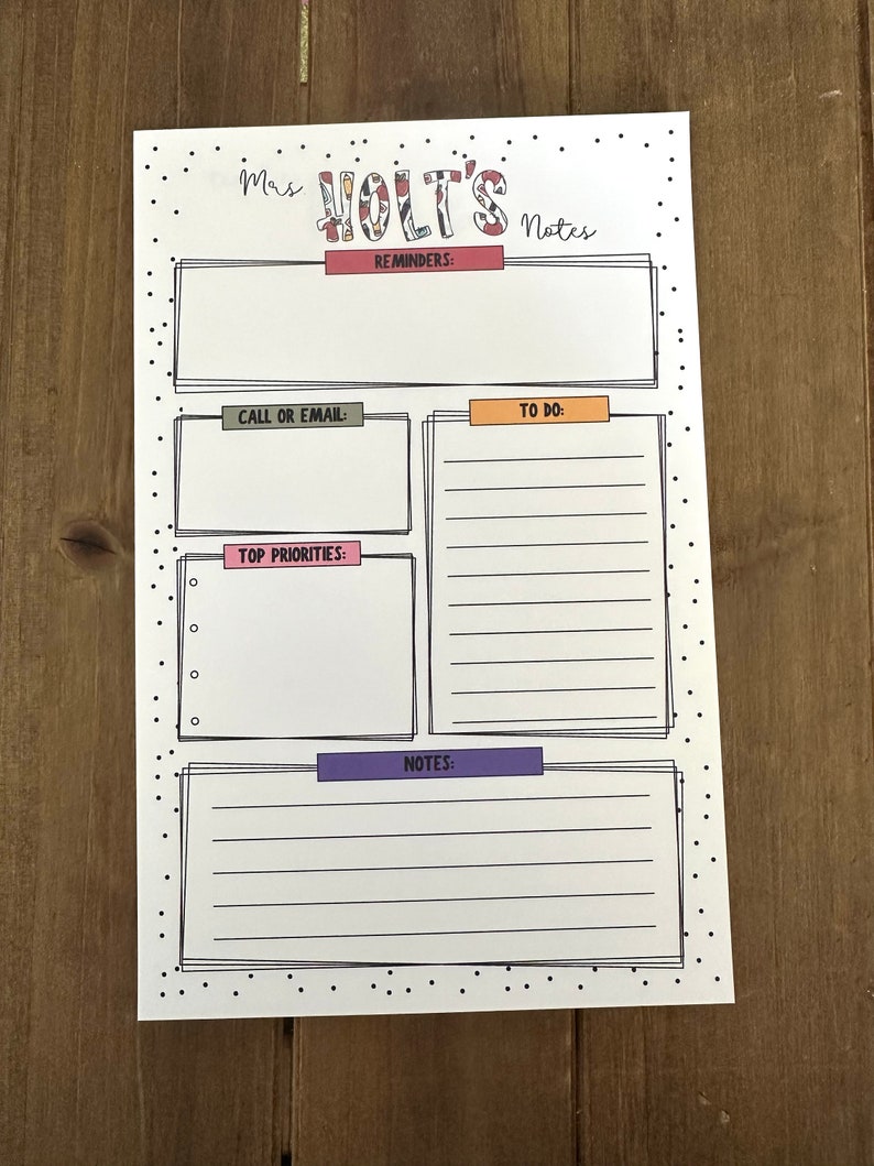 May include: A printable planner page with a polka dot background. The page is titled "Mrs. Holt's Notes" and has sections for reminders, to do, top priorities, and notes.