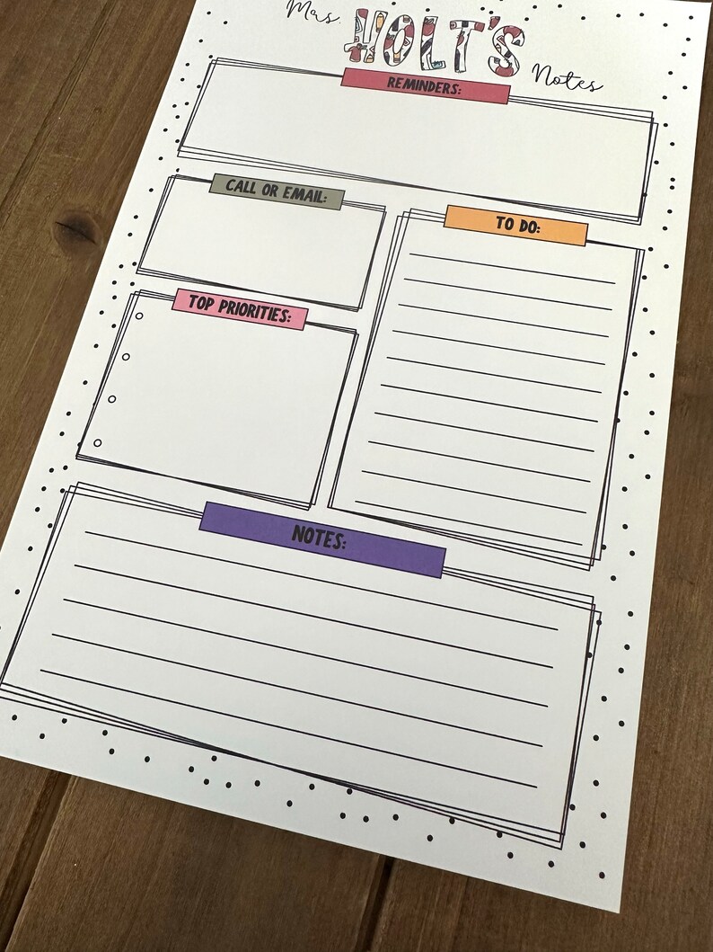 May include: A printable planner page with a black and white polka dot background. The page is divided into sections with headings: "Mas. The VOLT'S Notes", "Reminders", "Call or Email", "To Do", "Top Priorities", and "Notes".
