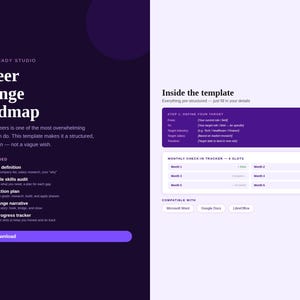 May include: A digital career change roadmap template with a dark purple and white design. The template includes sections for defining goals, tracking progress, and a 6-month action plan. The text "Instant Download" is visible.