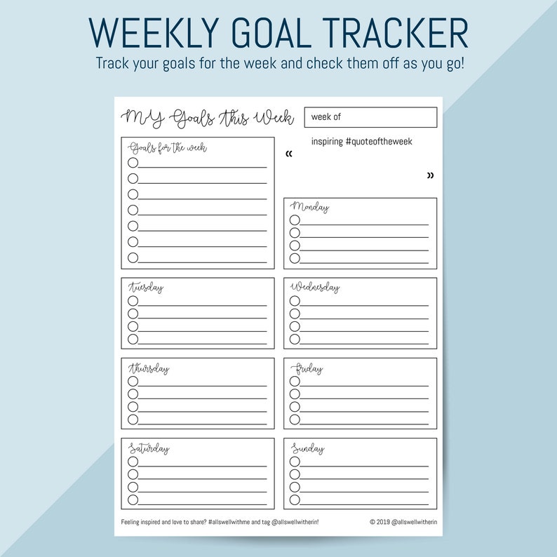PRINTABLE Weekly Targets Chart, Print Your Individual Tracker for Getting to be Aspects Finished, Fast Down load graphic about Printable Goal Chart called PRINTABLE Weekly Aims Chart, Print Your Individual Tracker for Getting to be Components Carried out, Immediate Obtain