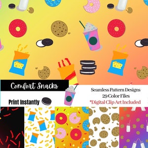 Snacks Seamless Pattern Digital Paper; Scrapbook Paper; Cricut; Digital Planner stickers; card making Oreo, Cheetos, Starbucks, doughnuts