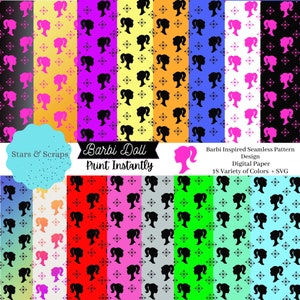 Barbi Inspired Doll Seamless Pattern barbi Digital Paper pattern rainbow barbi doll SVG pattern barbi scrapbook paper bundle rainbow cute