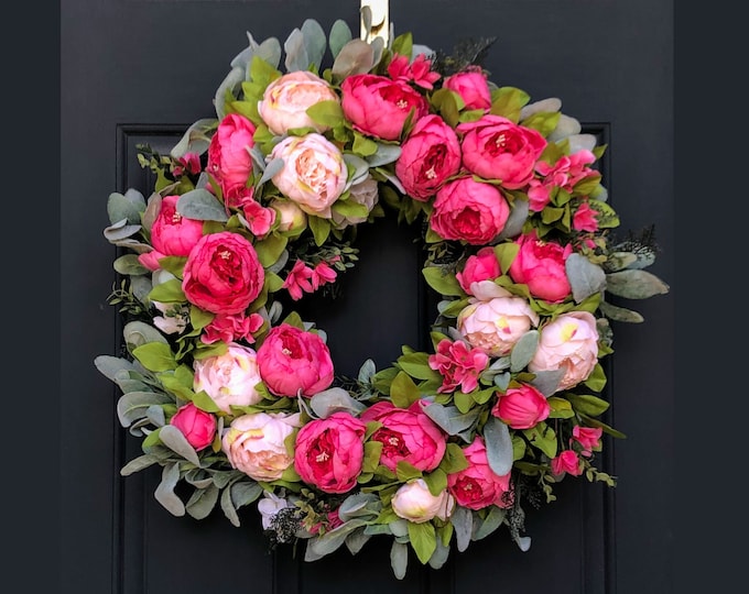 Spring and Summer Peony & Lambs Ear Wreath Pink Front Door Decor Easter ...