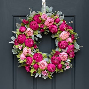 Spring Peony Wreath | Pink Peony & Lambs Ear Door Hanger | Front Door Decor | Mother's Day Gift