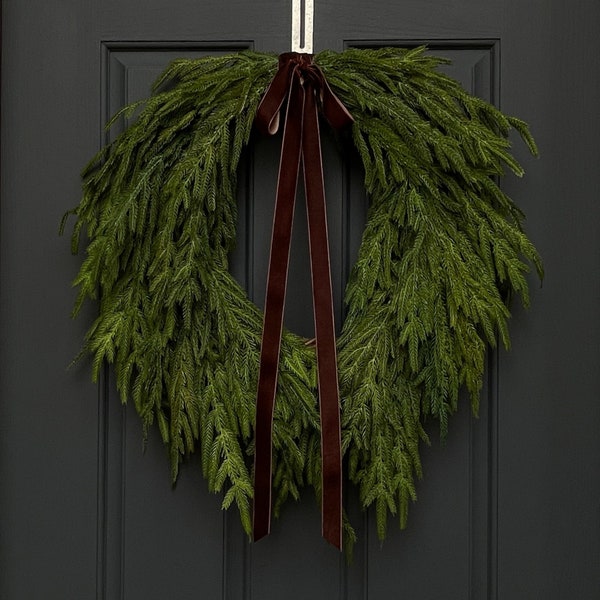 Faux Norfolk Pine Wreath with Dark Brown Velvet Bow | Front Door Greenery Wreath | Minimalist Wreath | Modern Holiday Decor